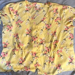 Madison Jules Yellow Floral Button-Front V-Neck Tie-Sleeve Blouse